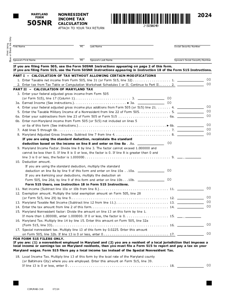 2024 Maryland Form 505NR Nonresident Income Tax Calculation Fill Out 