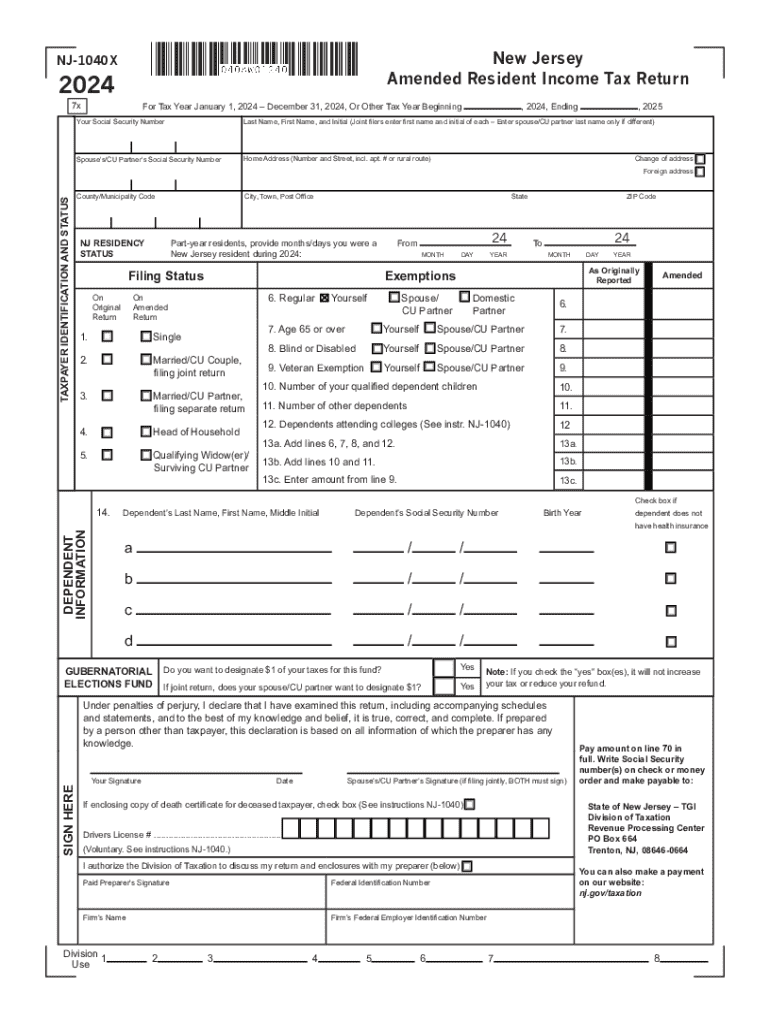 2024 New Jersey Amended Resident Income Tax Return Form NJ 1040X Fill 