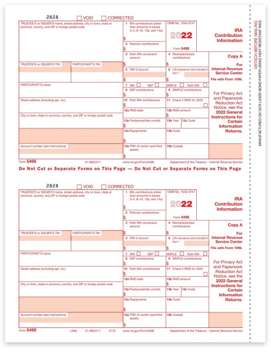 5498 Tax Forms For IRA Contributions IRS Copy A ZBPforms