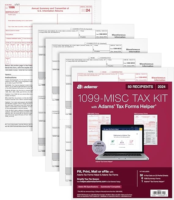 Amazon Adams 2024 1099 MISC Tax Forms 4 Part Laser Inkjet 50 