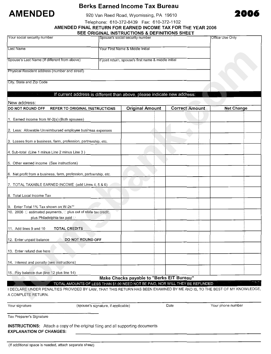 Amended Final Return For Earned Income Tax For The Years 2006 Berks 