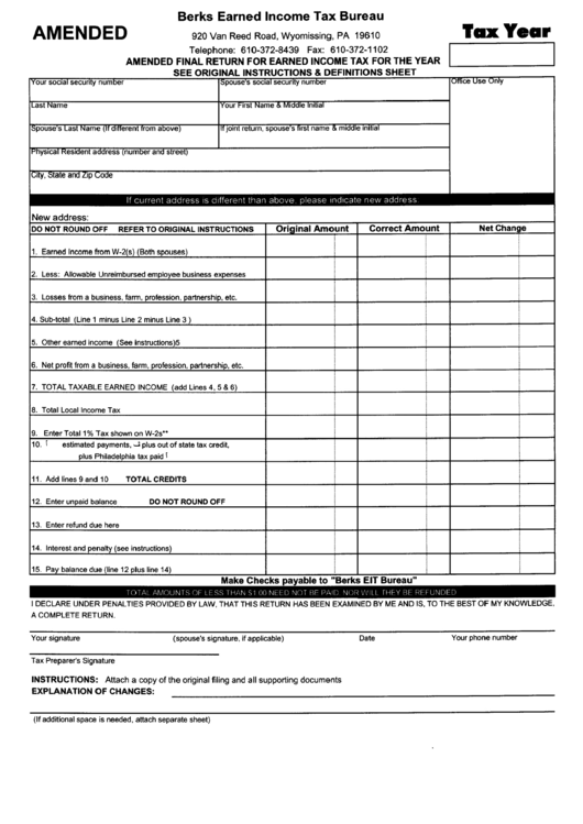 Amended Final Return For Earned Income Tax Form Berks Earned Income