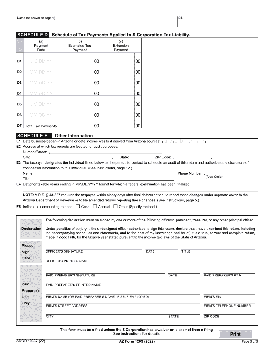 Arizona Form 120S ADOR10337 Download Fillable PDF Or Fill Online 