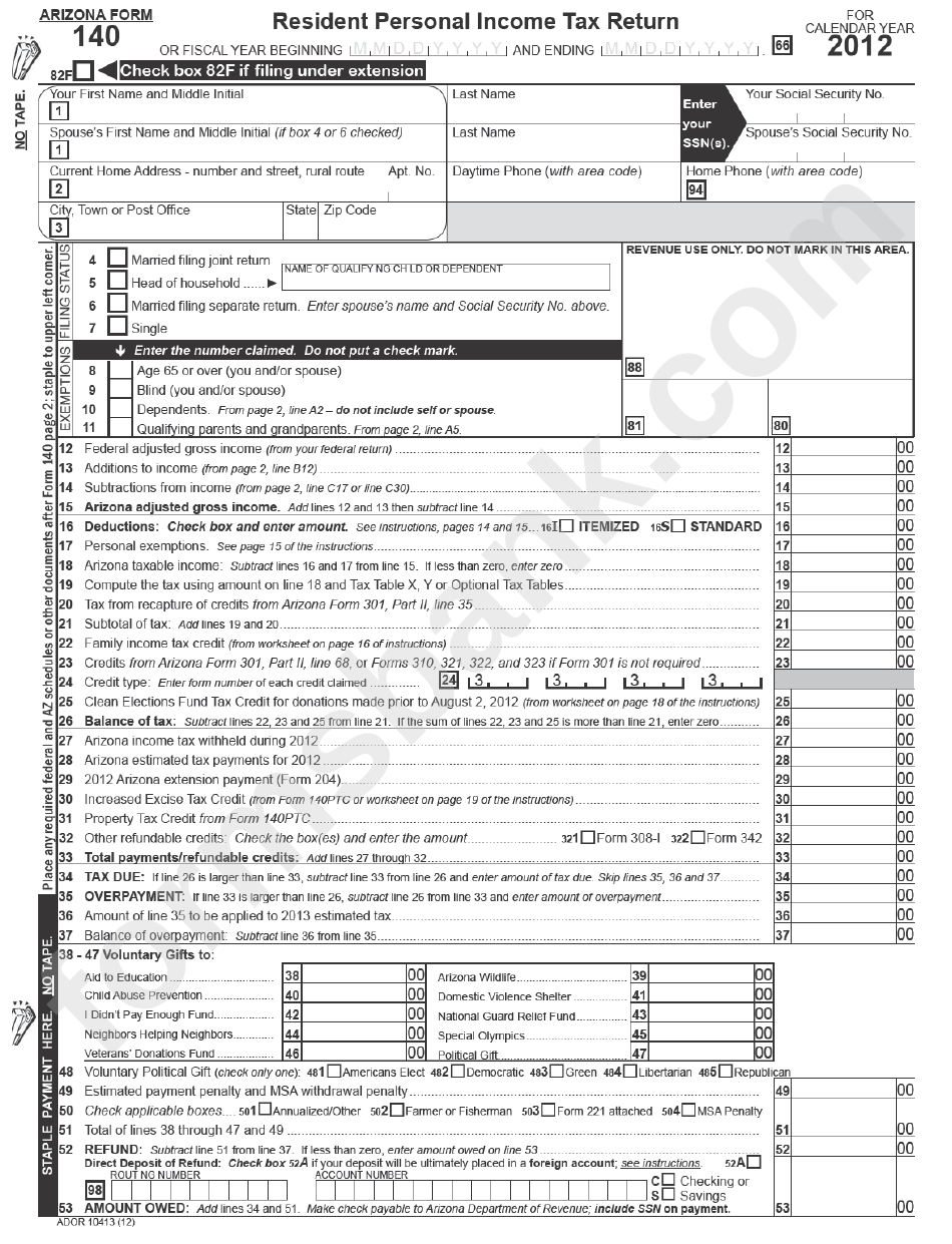 Arizona Form 140 Resident Personal Income Tax Return Printable Pdf