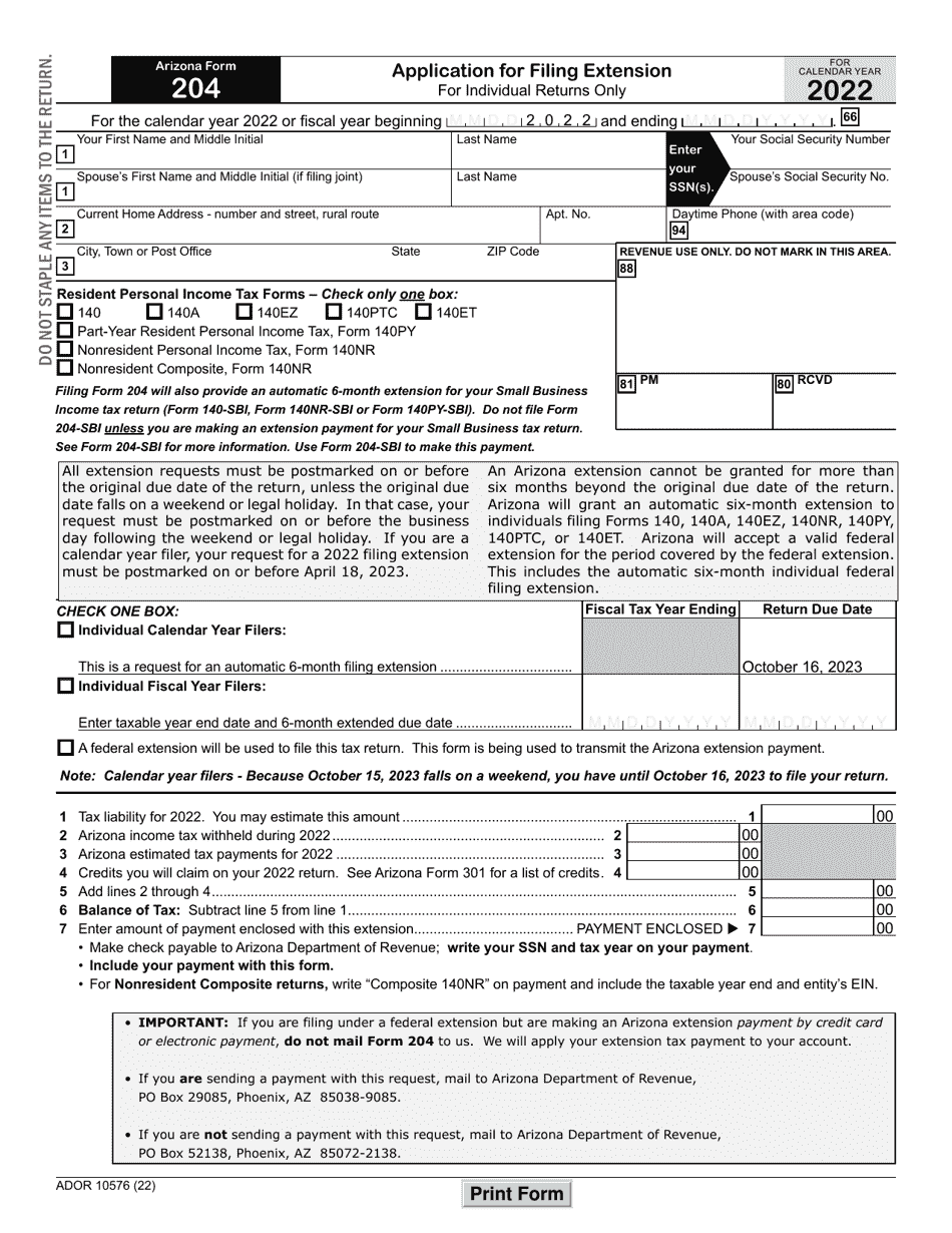 Arizona Form 204 ADOR10576 Download Fillable PDF Or Fill Online 