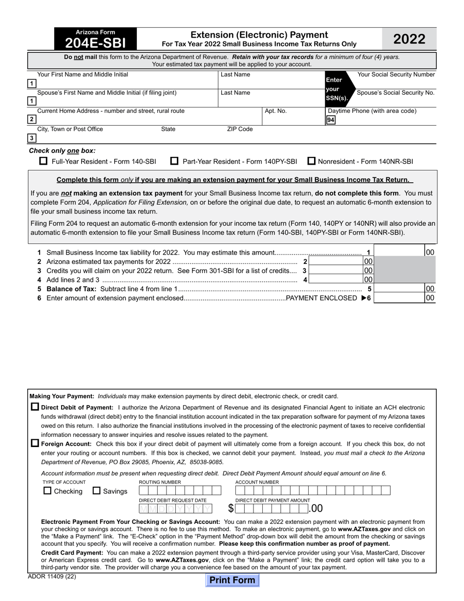 Arizona Form 204E SBI ADOR11409 2022 Fill Out Sign Online And 