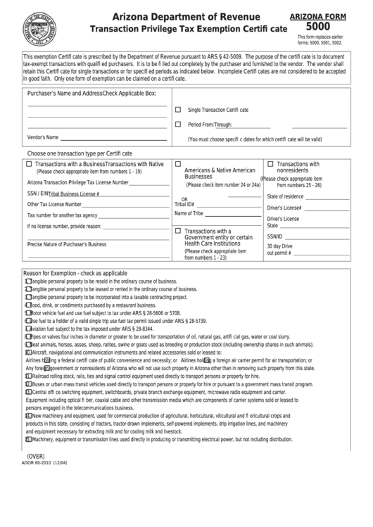 Arizona Form 5000 Fillable Printable Forms Free Online