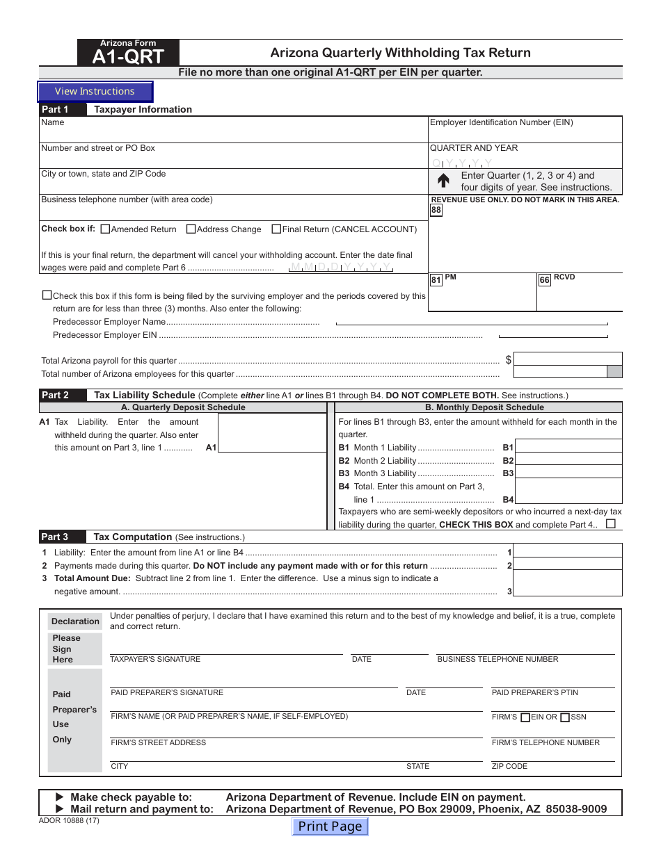 Arizona Form A1 QRT ADOR10888 Fill Out Sign Online And Download 