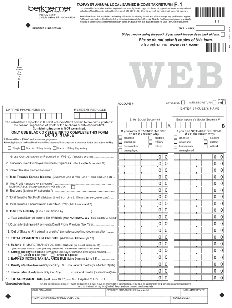 Berkheimer Local Earned Income Tax Return F 1 2020 2025 Form Fill Out 