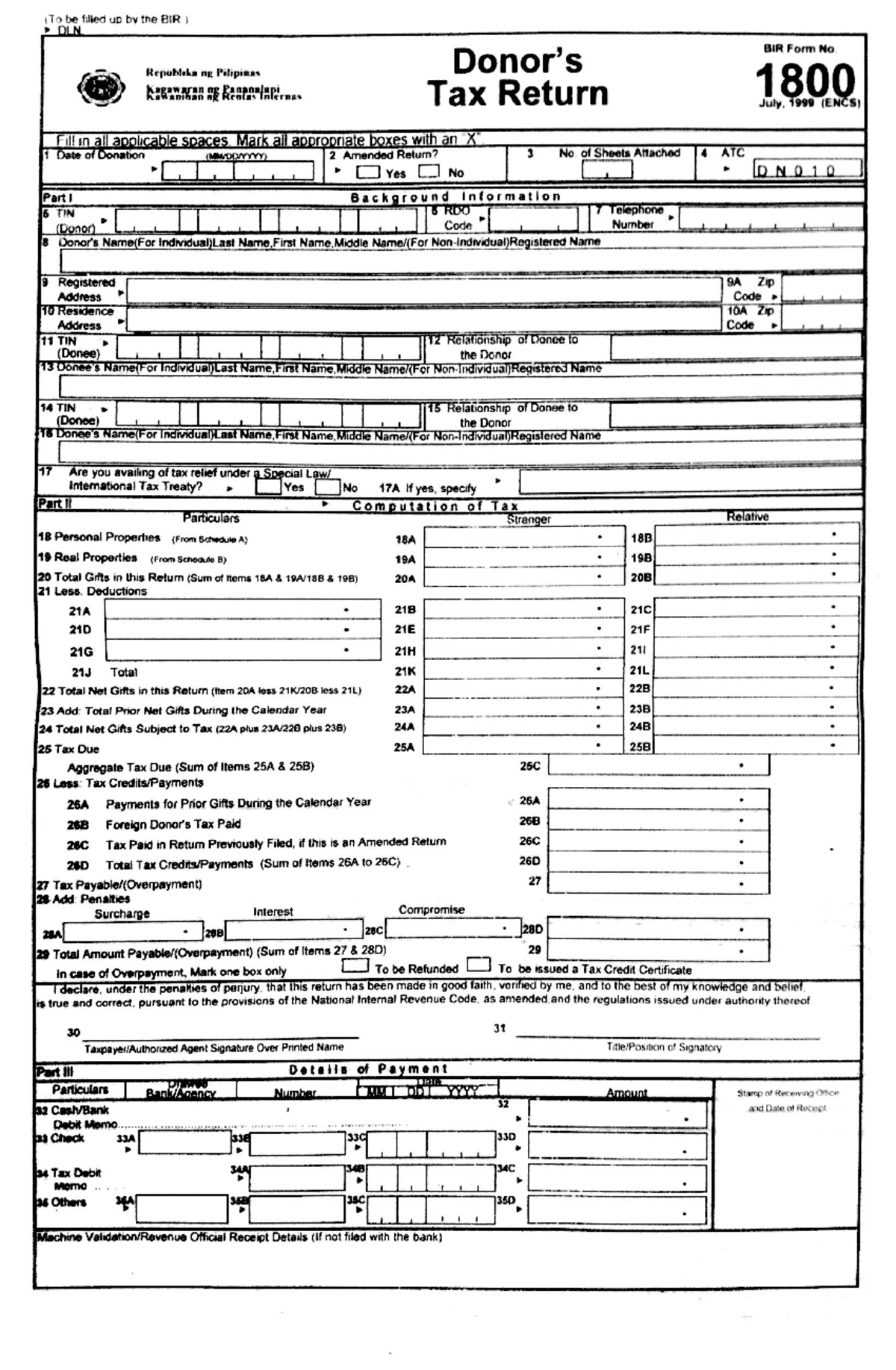 BIR Form 1800 Donors Tax Return Taxation Studocu