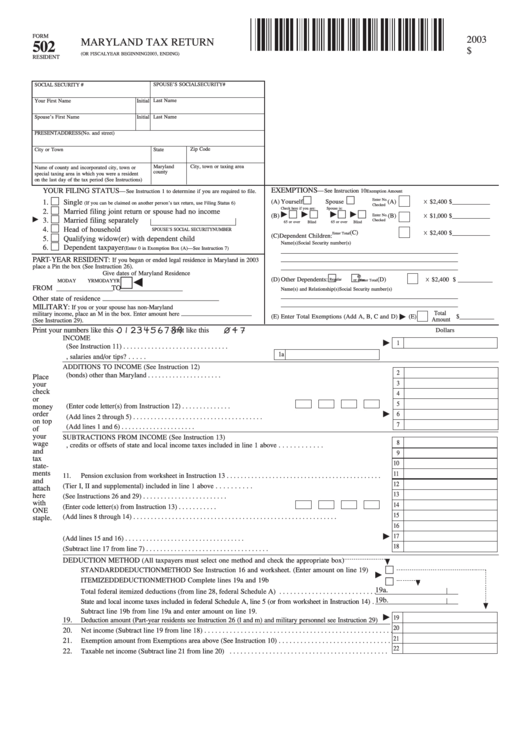 Blank Fillable Maryland Tax Return 502 Fillable Form 2025
