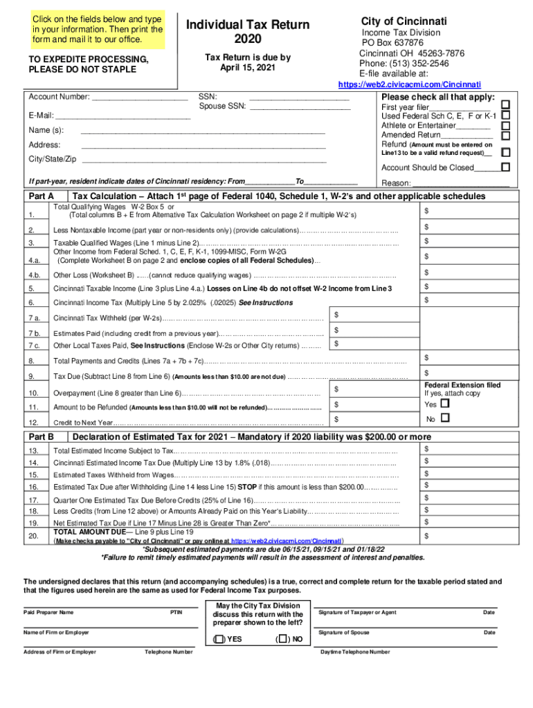 Cincinnati Tax S 2020 2025 Form Fill Out And Sign Printable PDF 