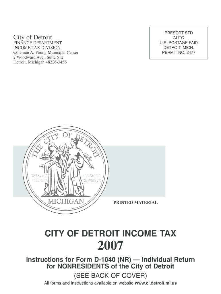 City Of Detroit Income Tax Form D 1040 Nr Fill Out And Sign Printable 