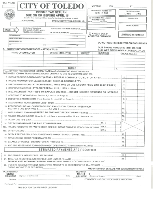 City Of Toledo Income Tax Return Form Printable Pdf Download