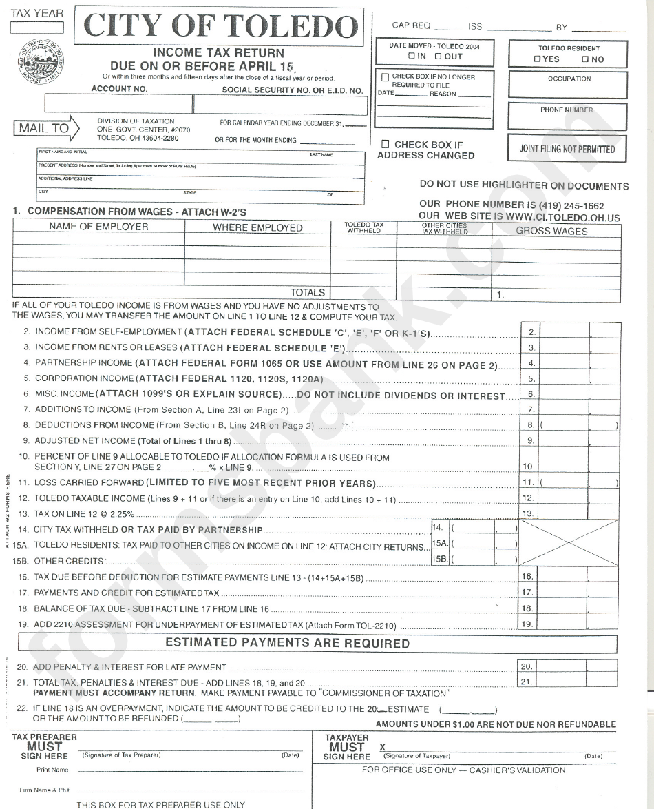 City Of Toledo Income Tax Return Form Printable Pdf Download