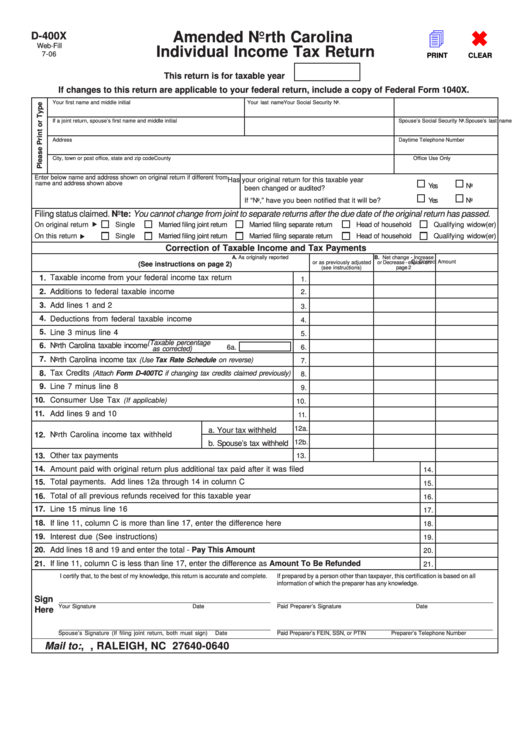 D 400x Amended North Carolina Individual Income Tax Return Printable 