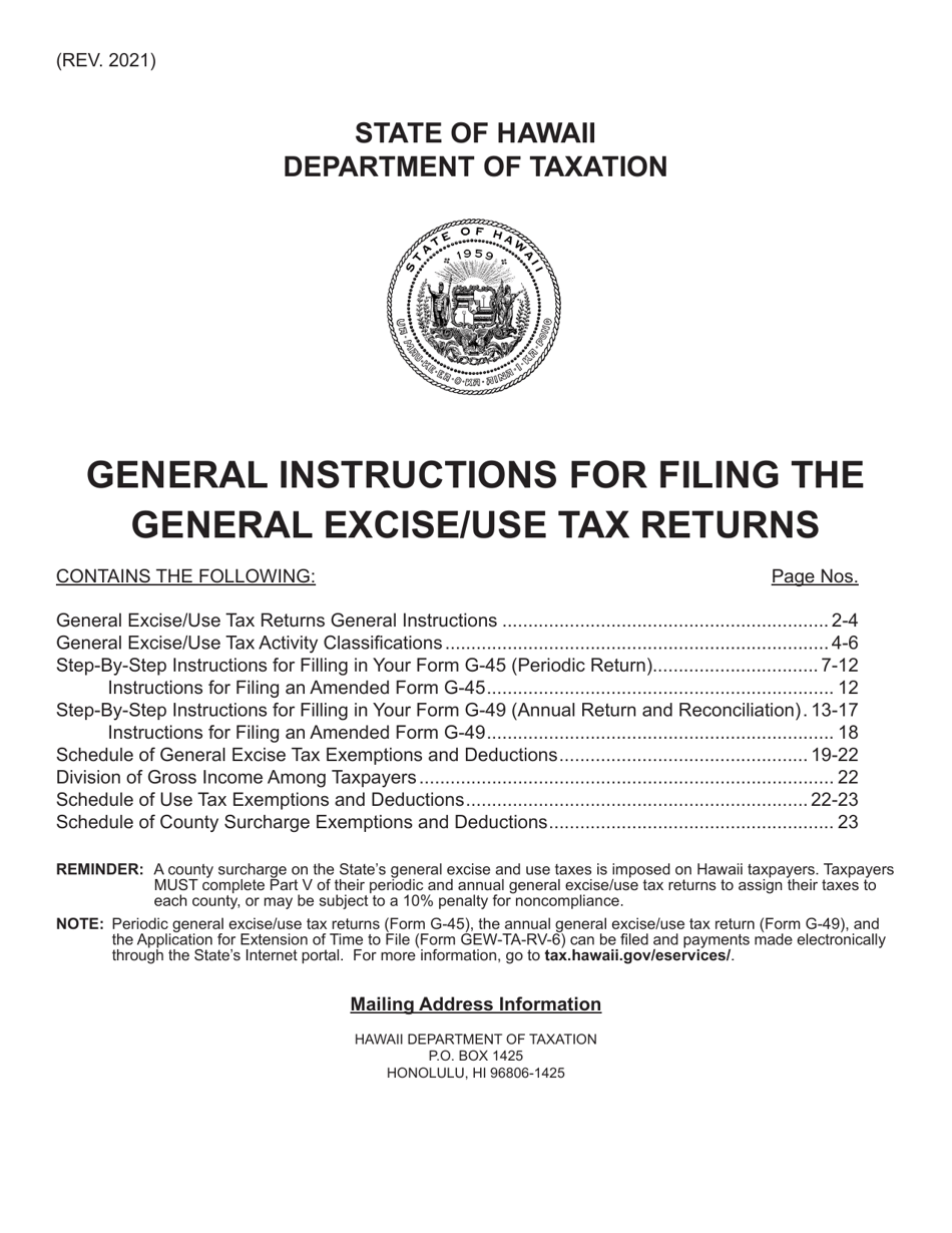 Download Instructions For Form G 45 General Excise Use Tax Returns PDF 