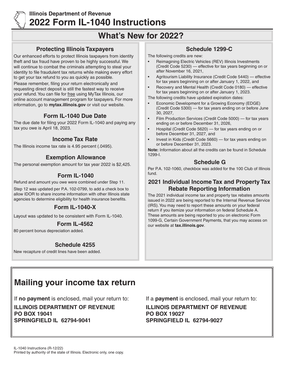 Download Instructions For Form IL 1040 Individual Income Tax Return PDF 