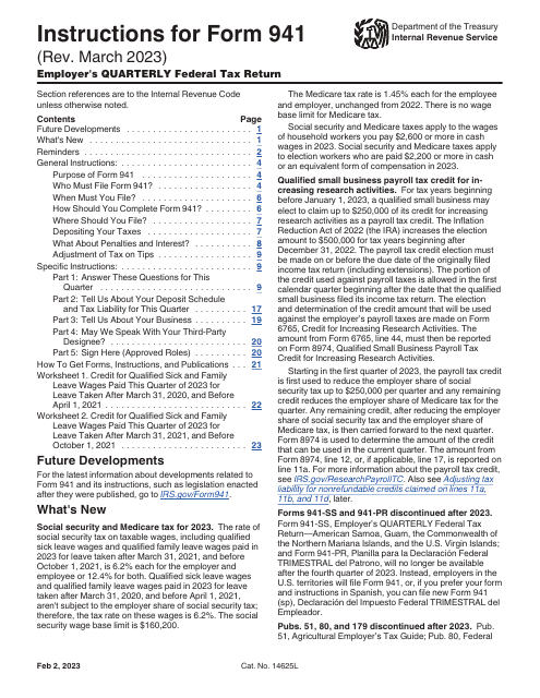 Download Instructions For IRS Form 941 Employer 39 s Quarterly Federal Tax 