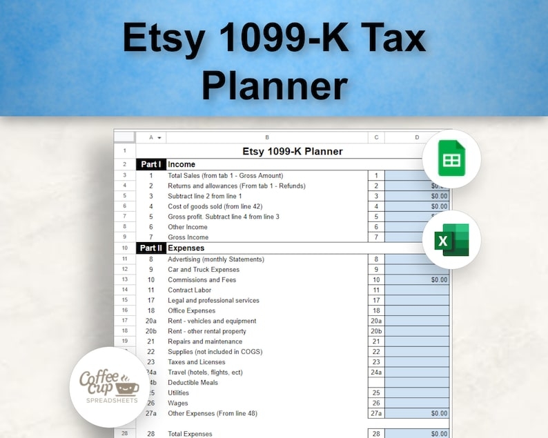 Etsy 1099K Annual Tax Planner Etsy Gross Income And Expense Tracker 