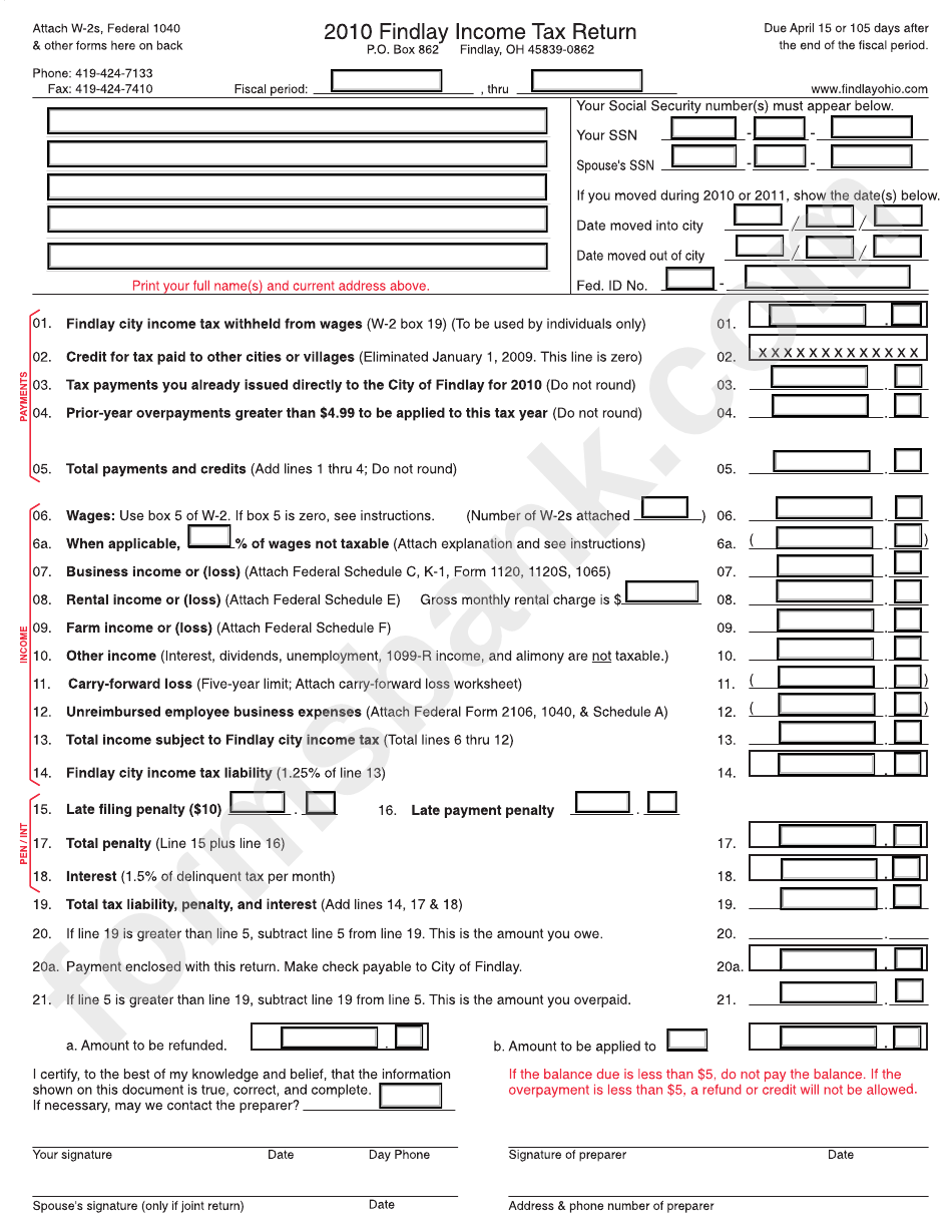 Fillable 2010 Findlay Income Tax Return Form Printable Pdf Download