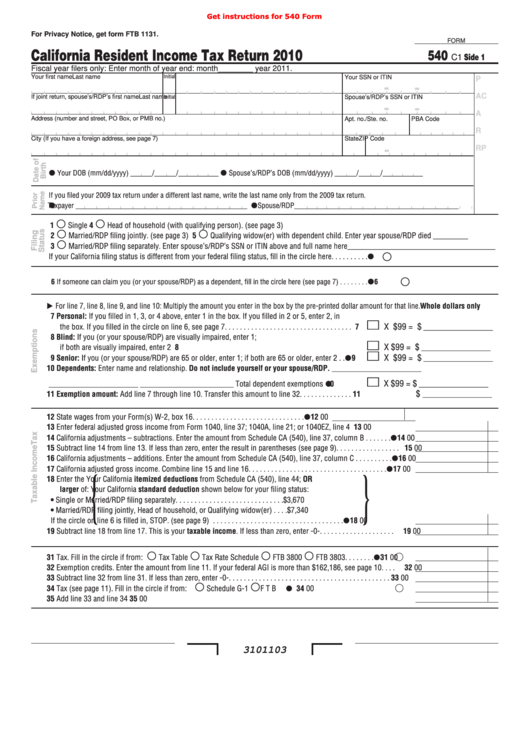 Fillable 2010 Form 540 California Resident Income Tax Return 