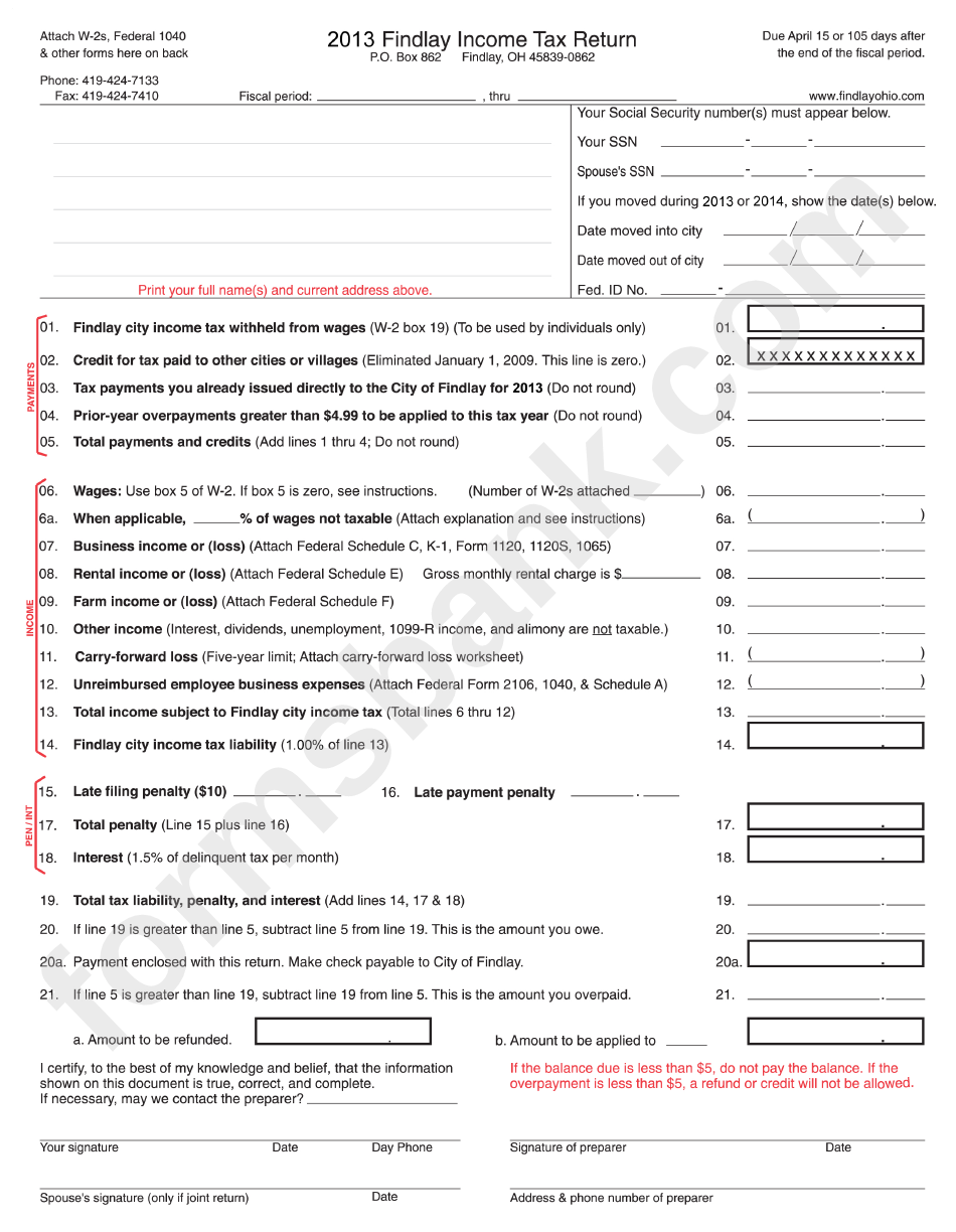 Fillable 2013 Findlay Income Tax Return Printable Pdf Download