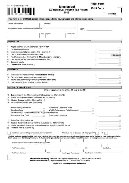 Fillable 80 110 Form Mississippi Ez Individual Income Tax Return 