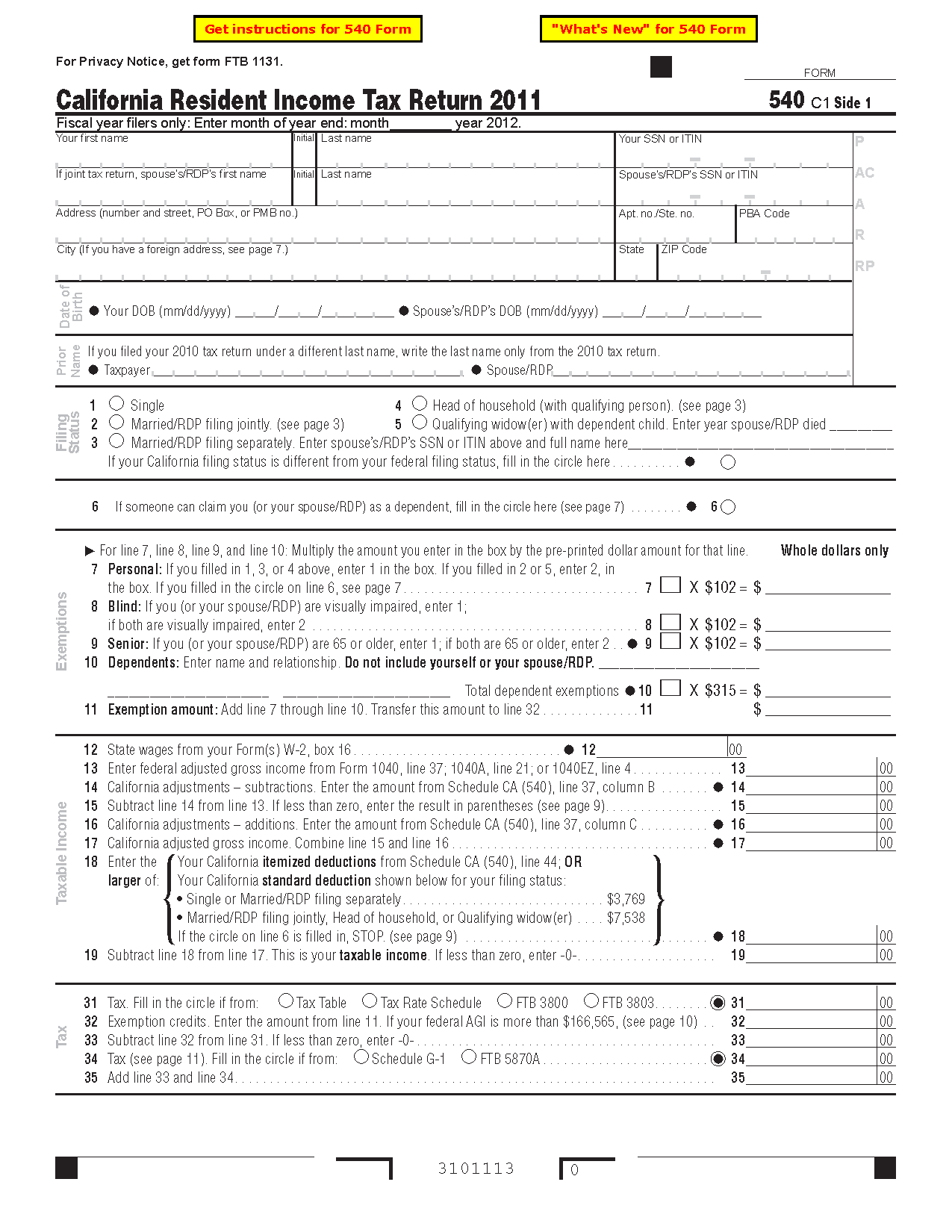 Fillable California Form 540x Amended Individual Income Tax Return 