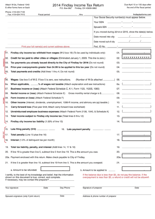Fillable Findlay Income Tax Return 2014 Printable Pdf Download