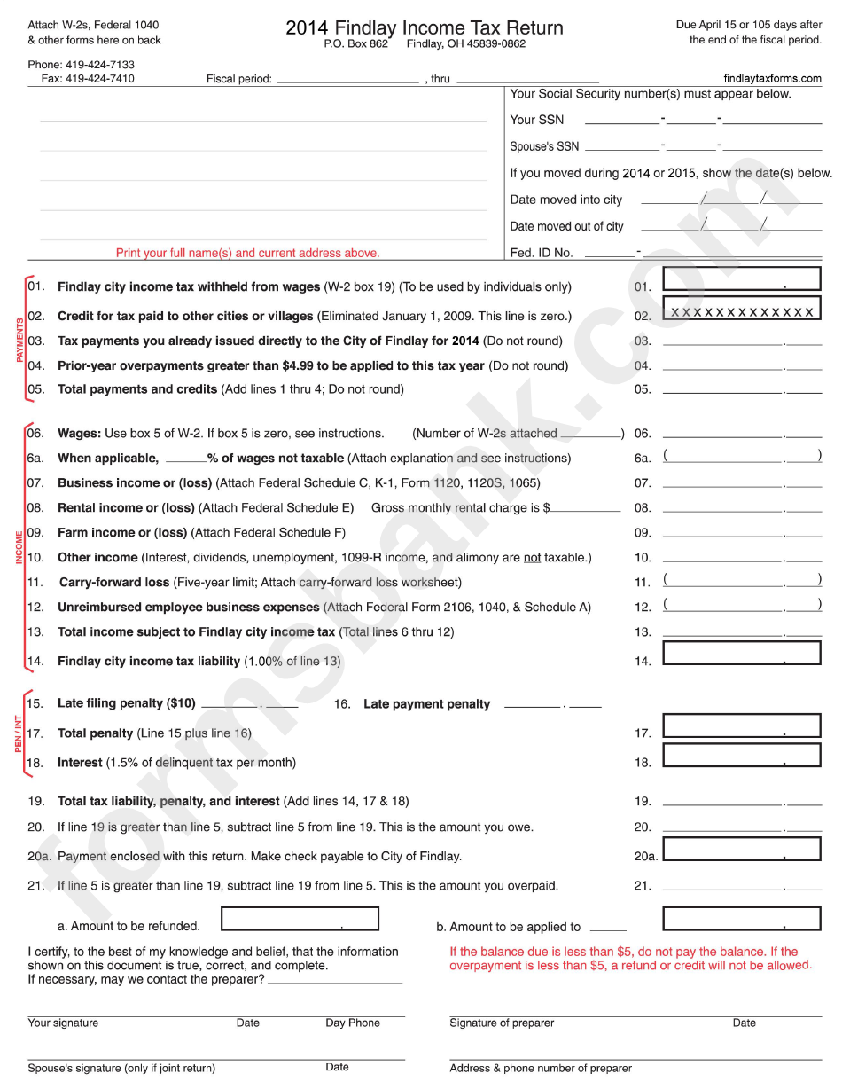 Fillable Findlay Income Tax Return 2014 Printable Pdf Download
