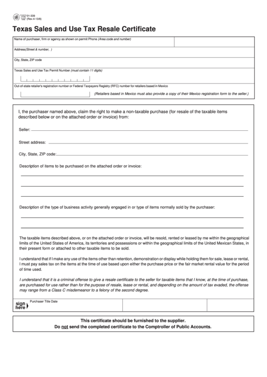 Fillable Form 01 339 Back Texas Sales And Use Tax Exemption
