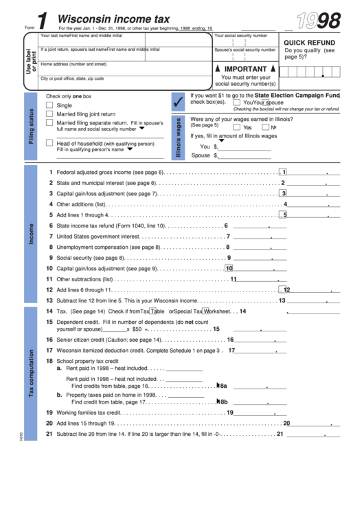 Fillable Form 1 Wisconsin Income Tax Wisconsin Department Of 