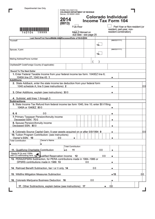 Fillable Form 104 Colorado Individual Income Tax Form 2014 Printable 