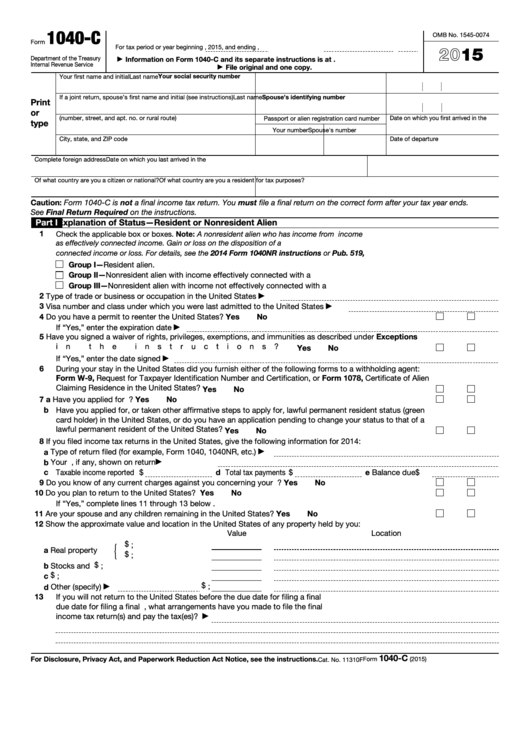 Fillable Form 1040 C U s Departing Alien Income Tax Return 2015 