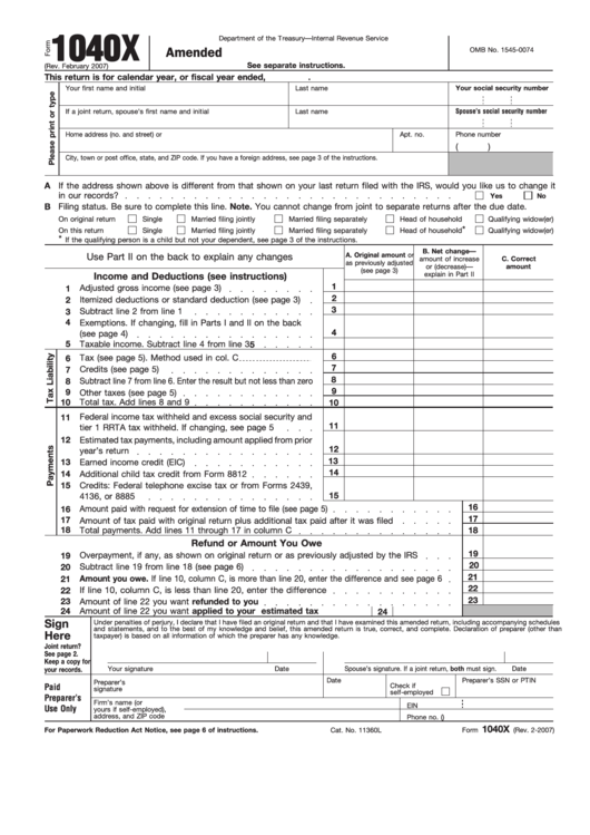 Fillable Form 1040x Amended U s Individual Income Tax Return 