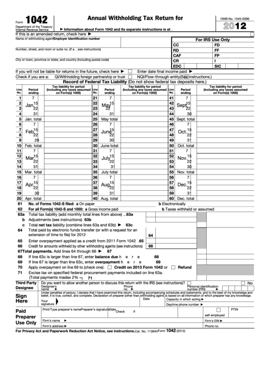 Fillable Form 1042 Annual Withholding Tax Return For U s Source 
