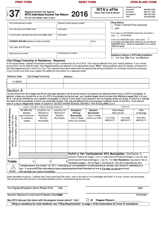 Fillable Form 37 Rita Individual Income Tax Return Printable Pdf Download