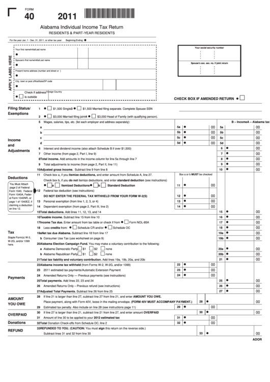 Fillable Form 40 Alabama Individual Income Tax Return 2011 