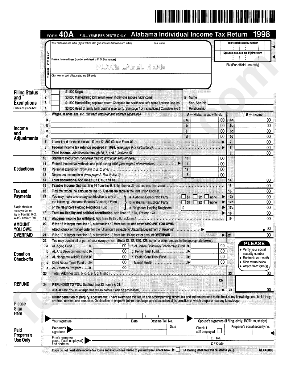 Fillable Form 40a Alabama Individual Income Tax Return 1998 