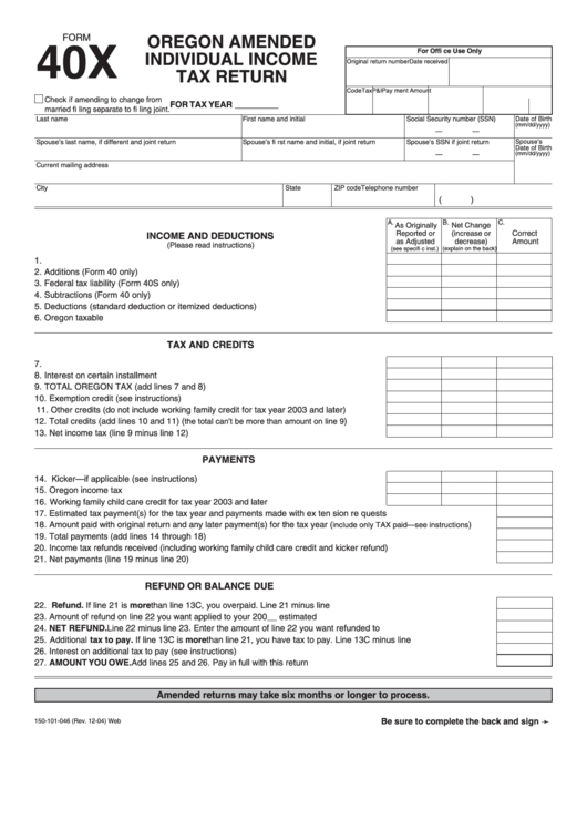 Fillable Form 40x Oregon Amended Individual Income Tax Return 