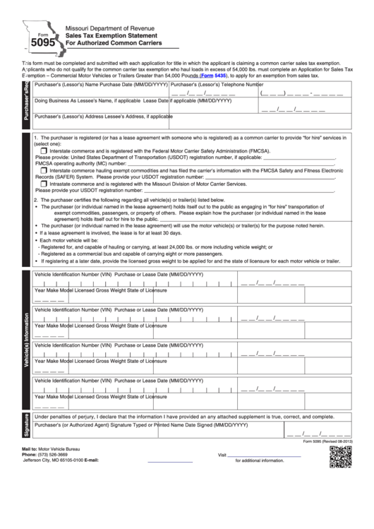 Fillable Form 5095 Sales Tax Exemption Statement For Authorized 