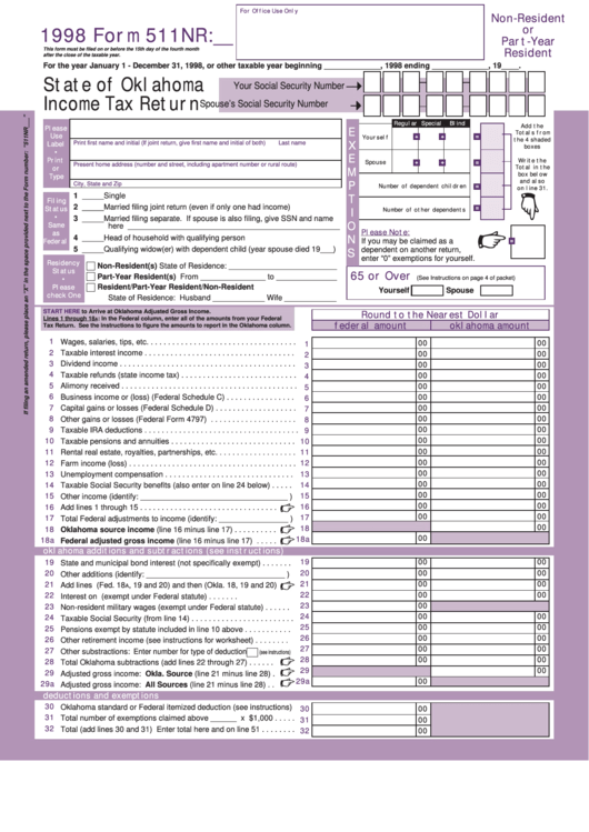 Fillable Form 511nr State Of Oklahoma Income Tax Return 1998 