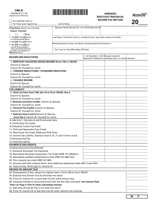 Fillable Form 740 X Amended Kentucky Individual Income Tax Return 
