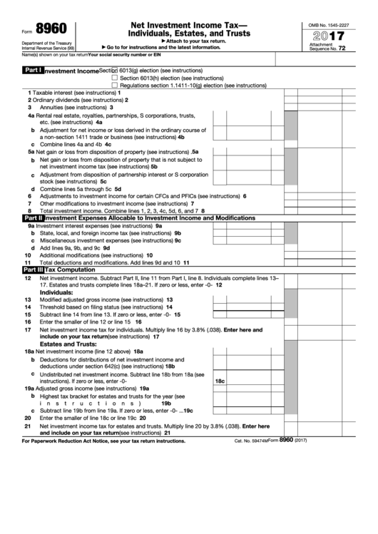 Fillable Form 8960 Net Investment Income Tax Individuals Estates 