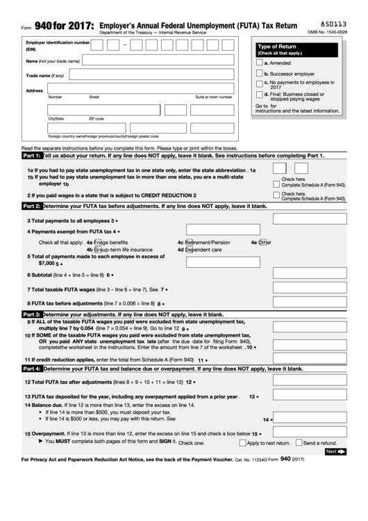 Fillable Form 940 Employer 39 S Annual Federal Unemployment Futa Tax 