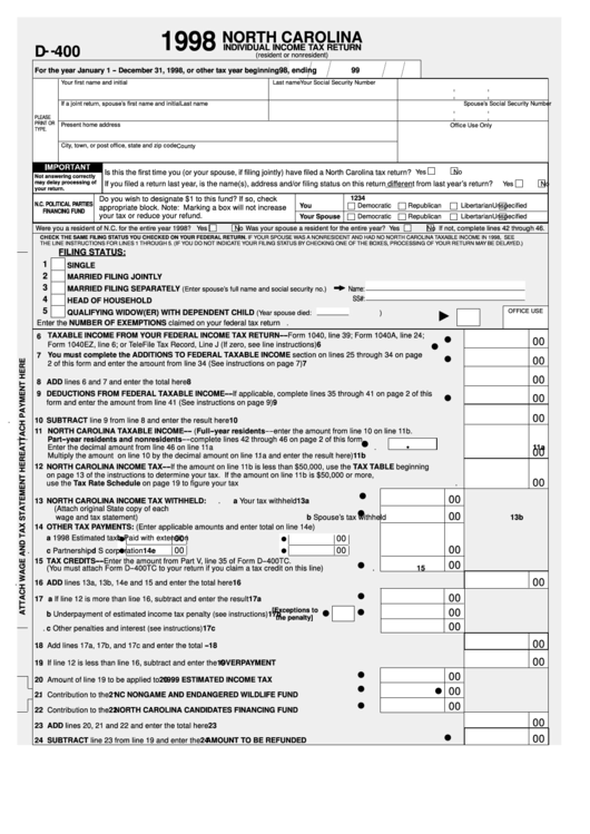 Fillable Form D 400 Individual Income Tax Return North Carolina 