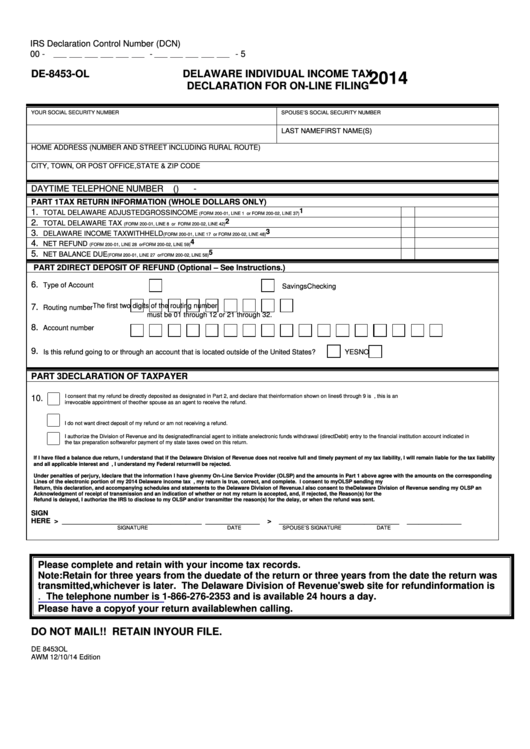 Fillable Form De 8453 Ol Delaware Individual Income Tax Declaration 