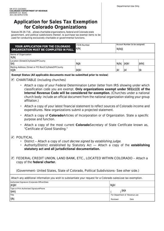Fillable Form Dr 0715 Application For Sales Tax Exemption For 