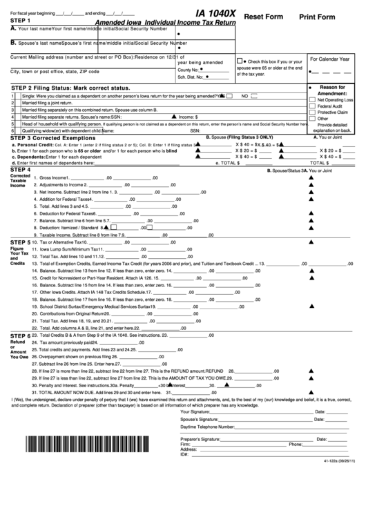 Fillable Form Ia 1040x Amended Iowa Individual Income Tax Return